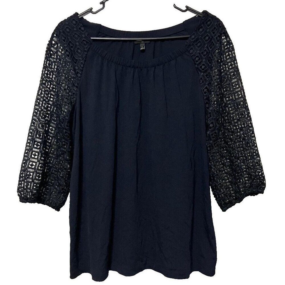 Talbots Plus X Navy Blue Blouse Crochet Whimsigoth Goth Dark Romantic Blouse - Picture 2 of 8